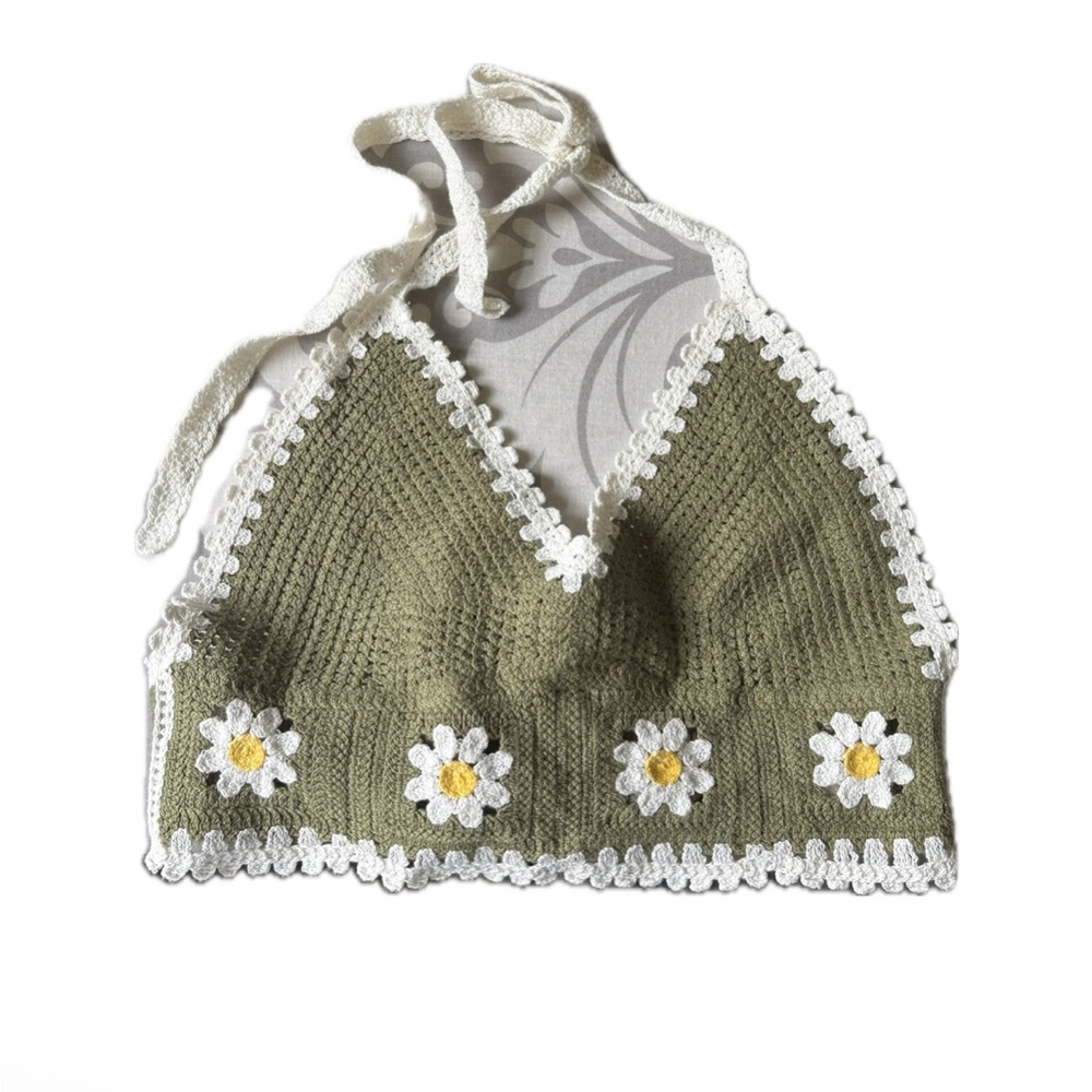 Green Crochet Top with Daisy Accents